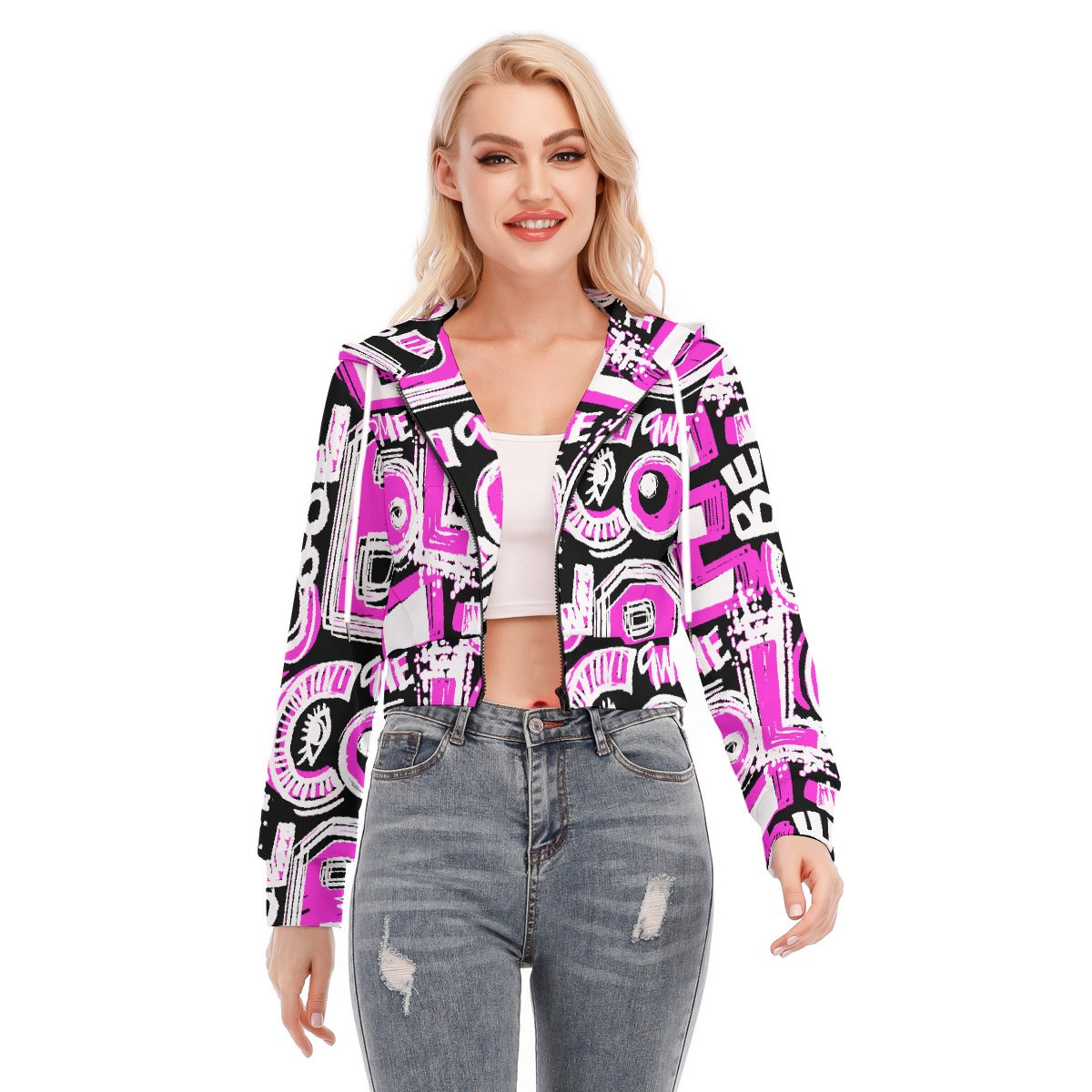 All-Over Print Women's Crop Top Hoodie With Zipper Closure