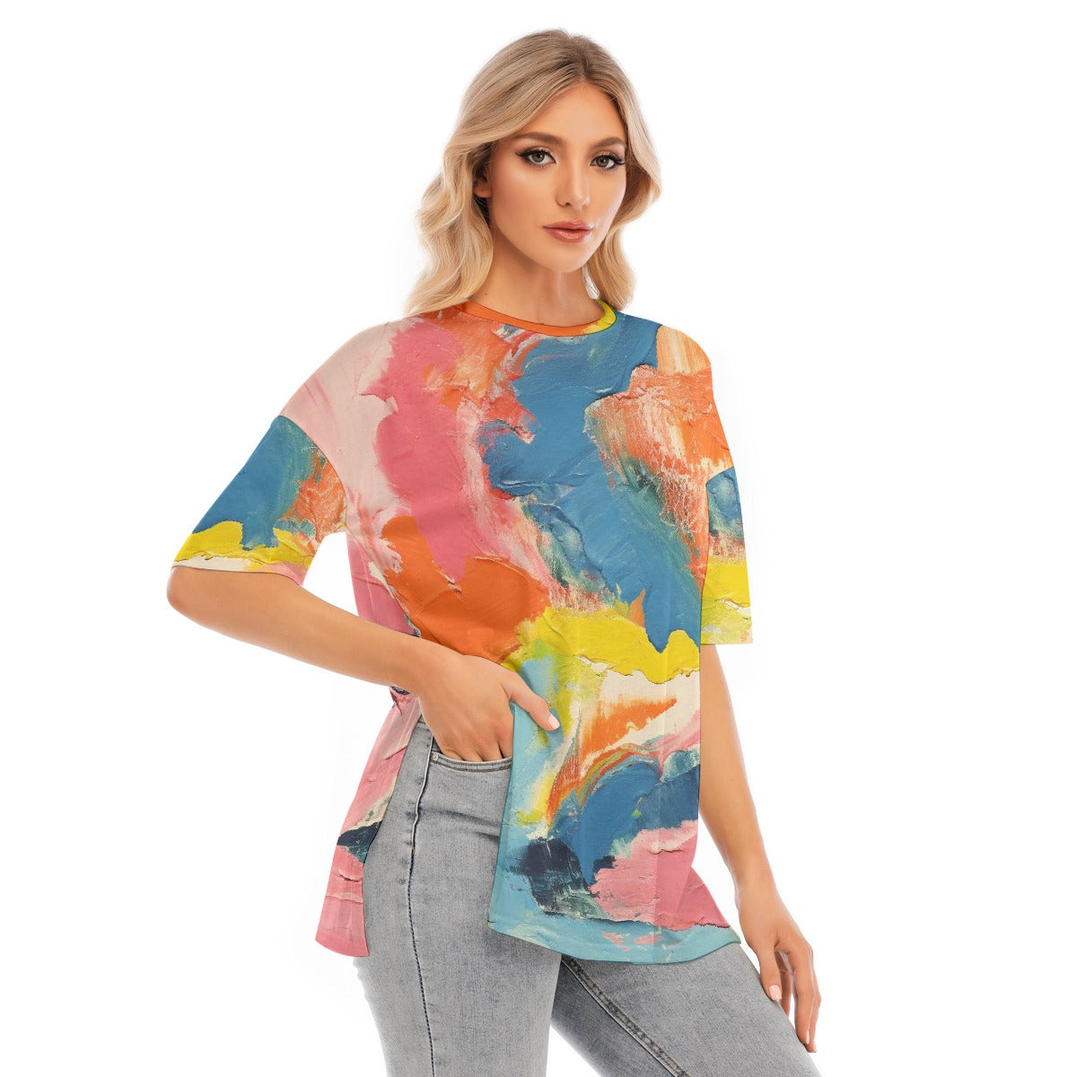 All-Over Print Women's Short Sleeves T-shirt With Hem Split