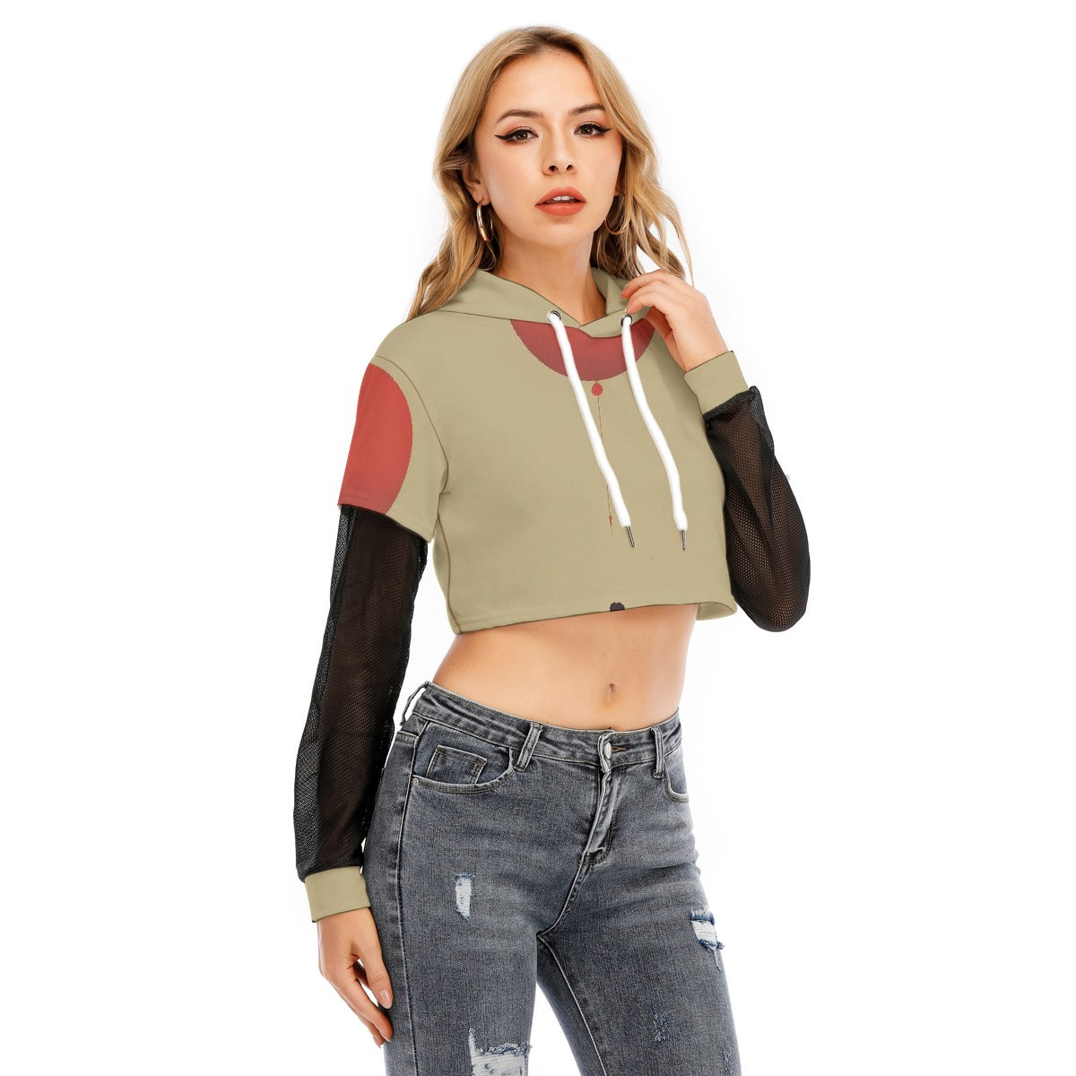 All-Over Print Women's Fake Two-piece Mesh Sleeve Cropped Hoodie