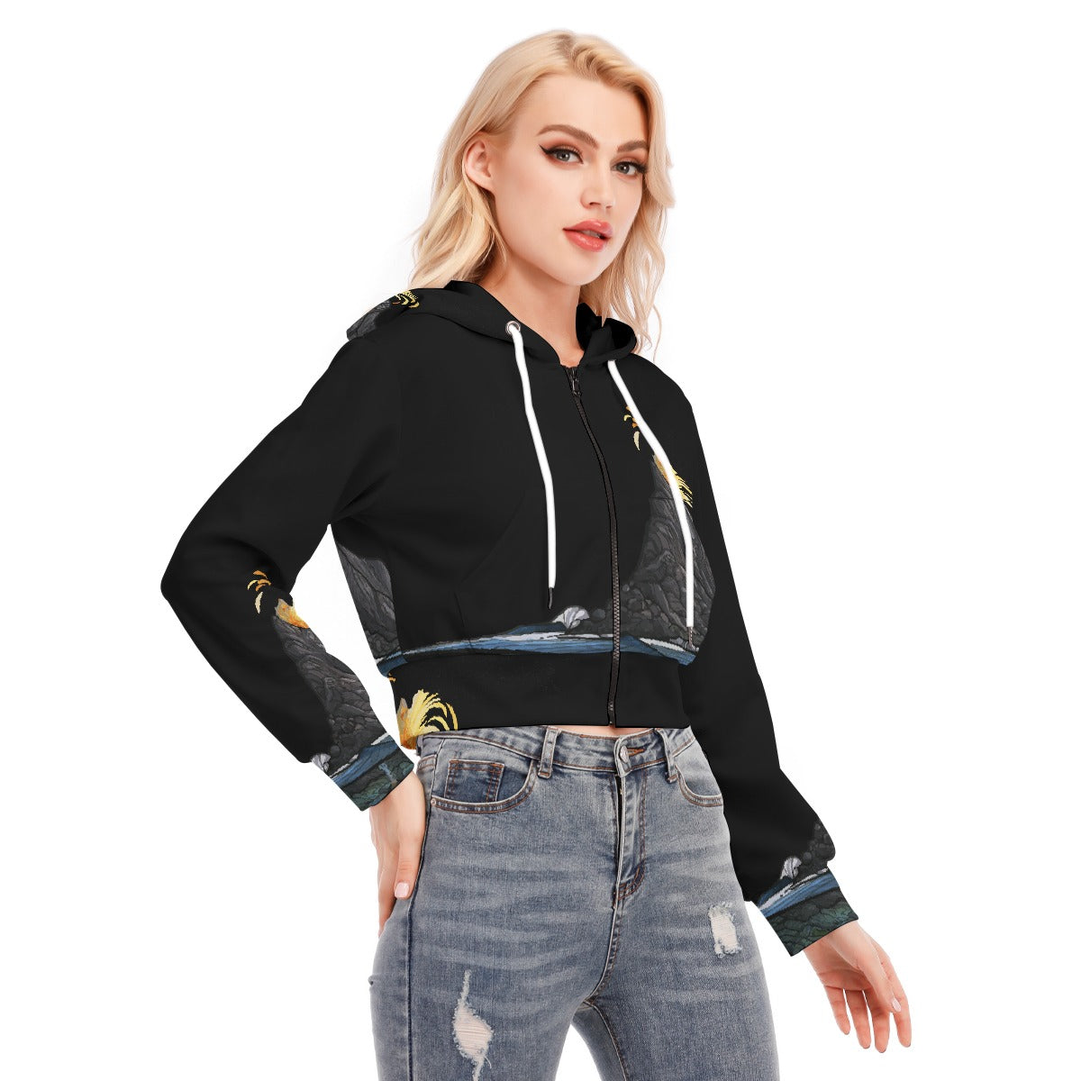 All-Over Print Women's Crop Top Hoodie With Zipper Closure