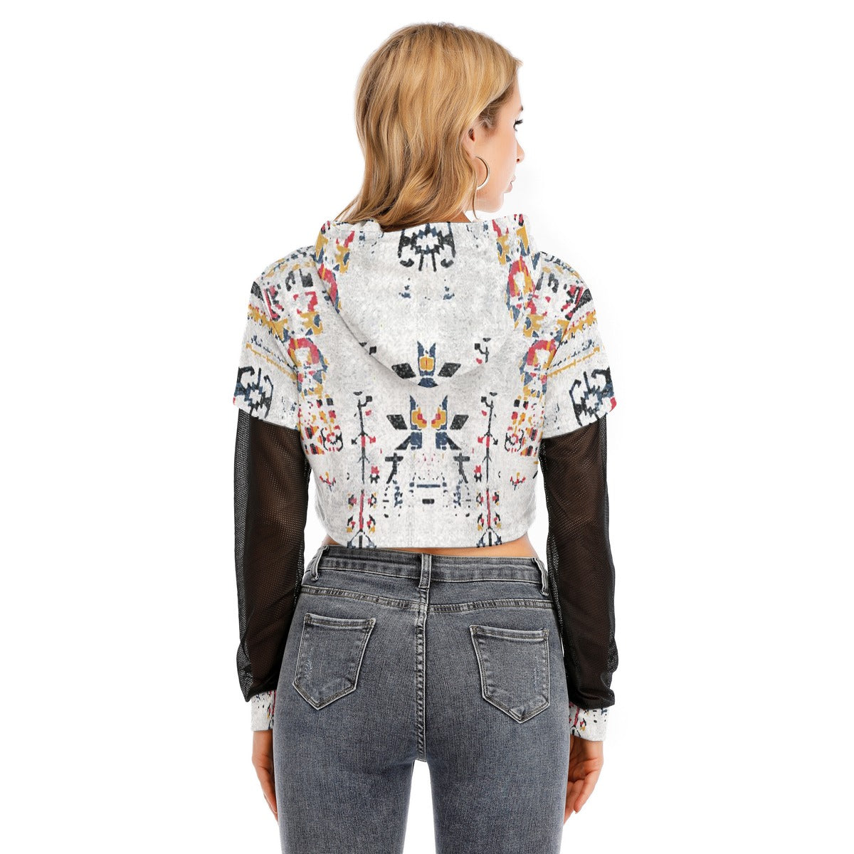 All-Over Print Women's Fake Two-piece Mesh Sleeve Cropped Hoodie