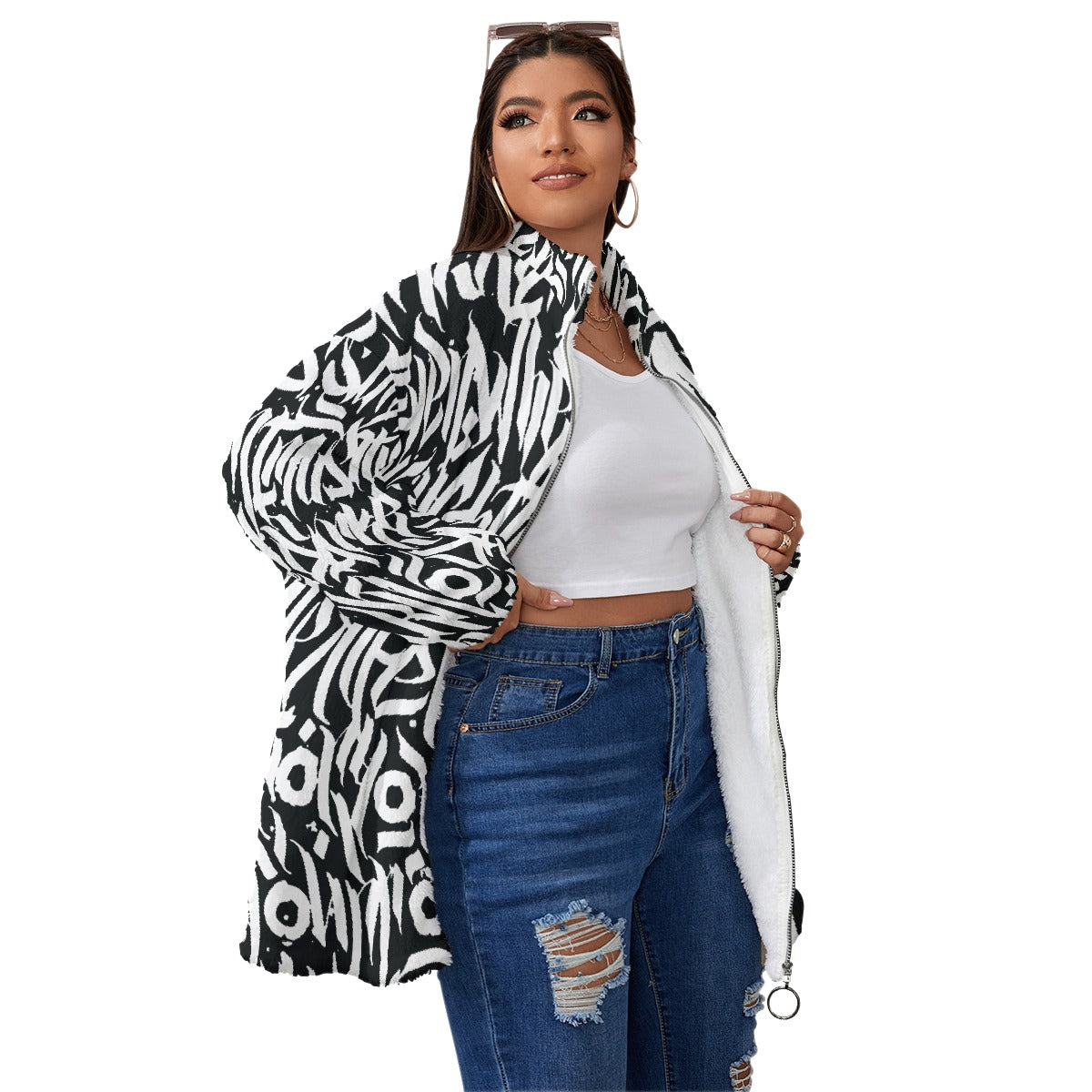 All-Over Print Unisex Borg Fleece Stand-up Collar Coat With Zipper Closure(Plus Size)