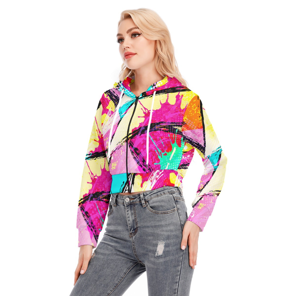 All-Over Print Women's Crop Top Hoodie With Zipper Closure