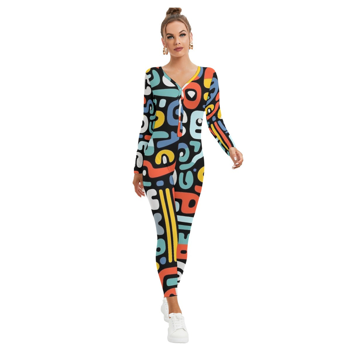 All-Over Print Women's Plunging Neck Jumpsuit