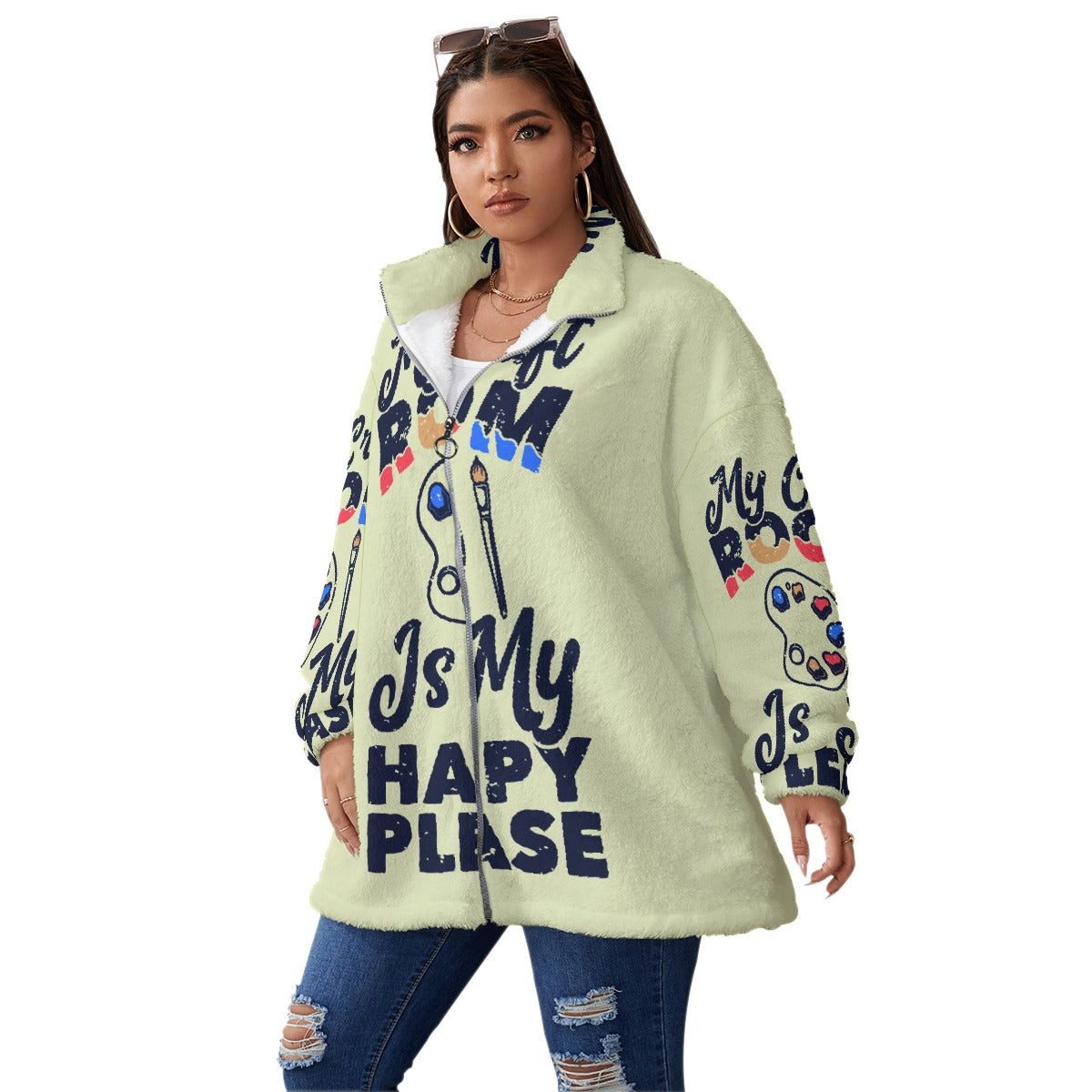 All-Over Print Unisex Borg Fleece Stand-up Collar Coat With Zipper Closure(Plus Size)