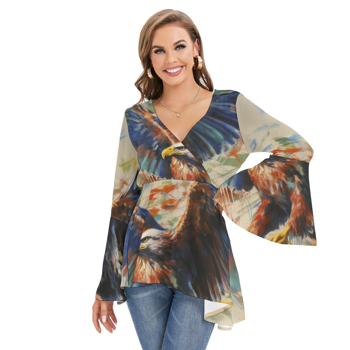 All-Over Print Women's V-neck Blouse With Flared Sleeves