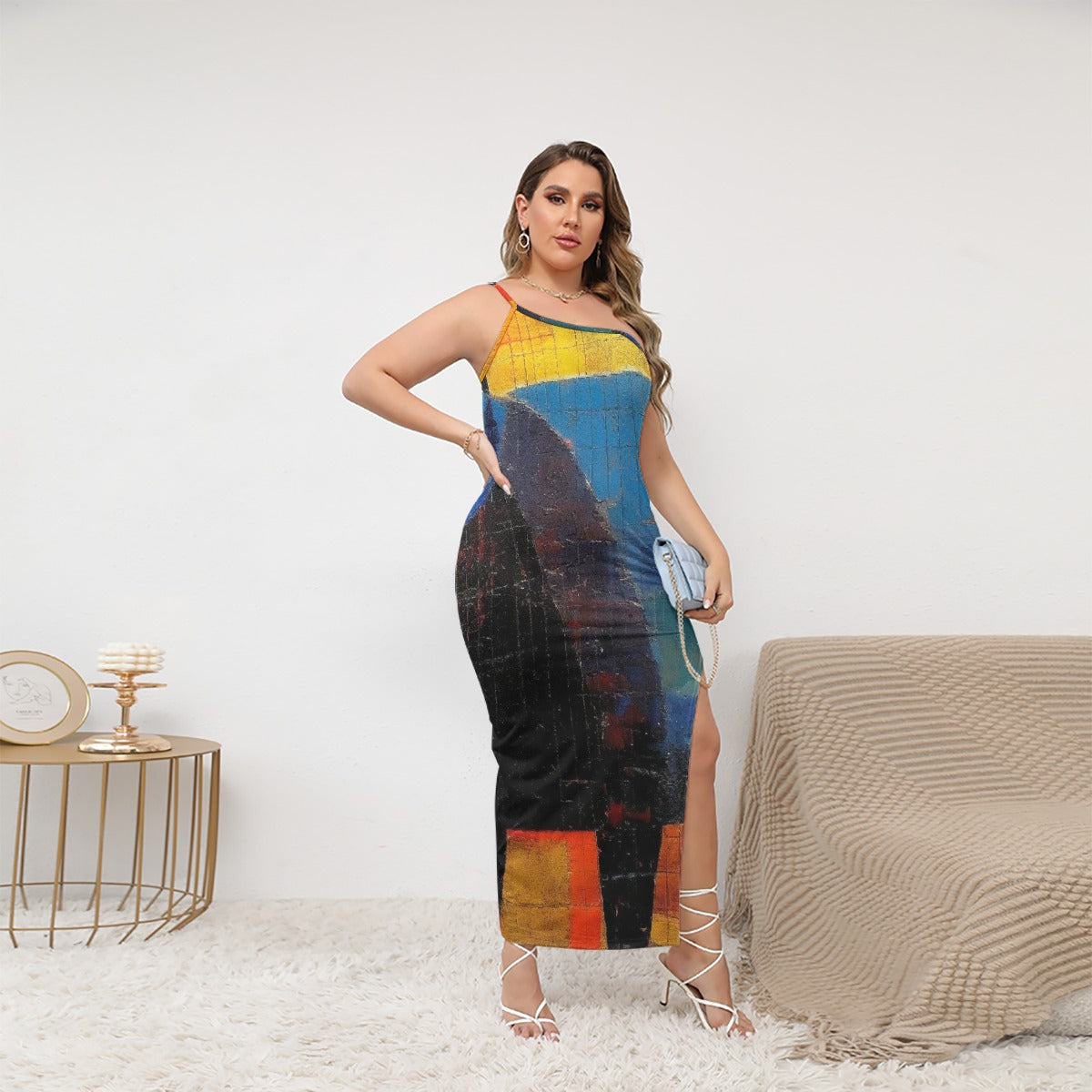 All-Over Print Women's Oblique-Shoulder Exposure Dress With Side Split (Plus Size)