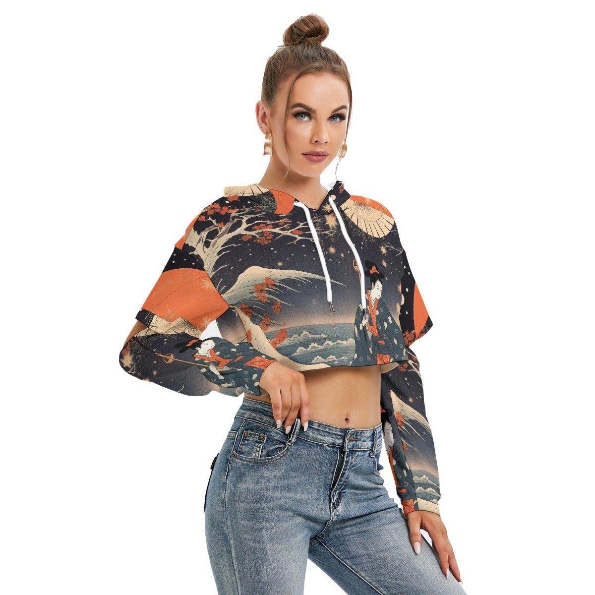 All-Over Print Women's Heavy Fleece Hoodie With Hollow Out Sleeve
