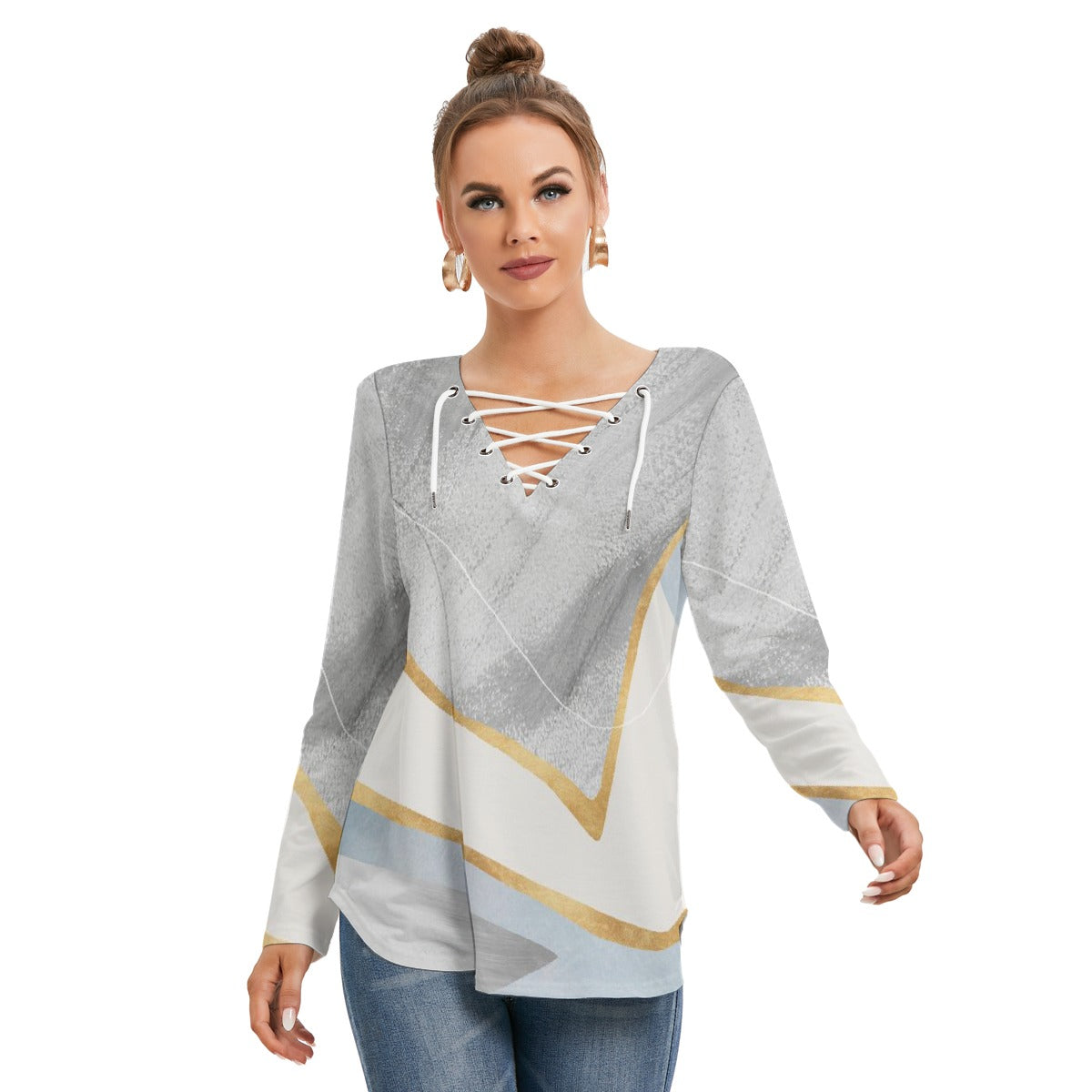 All-Over Print Women's Long Sleeve Neckline Tie Sweatshirt