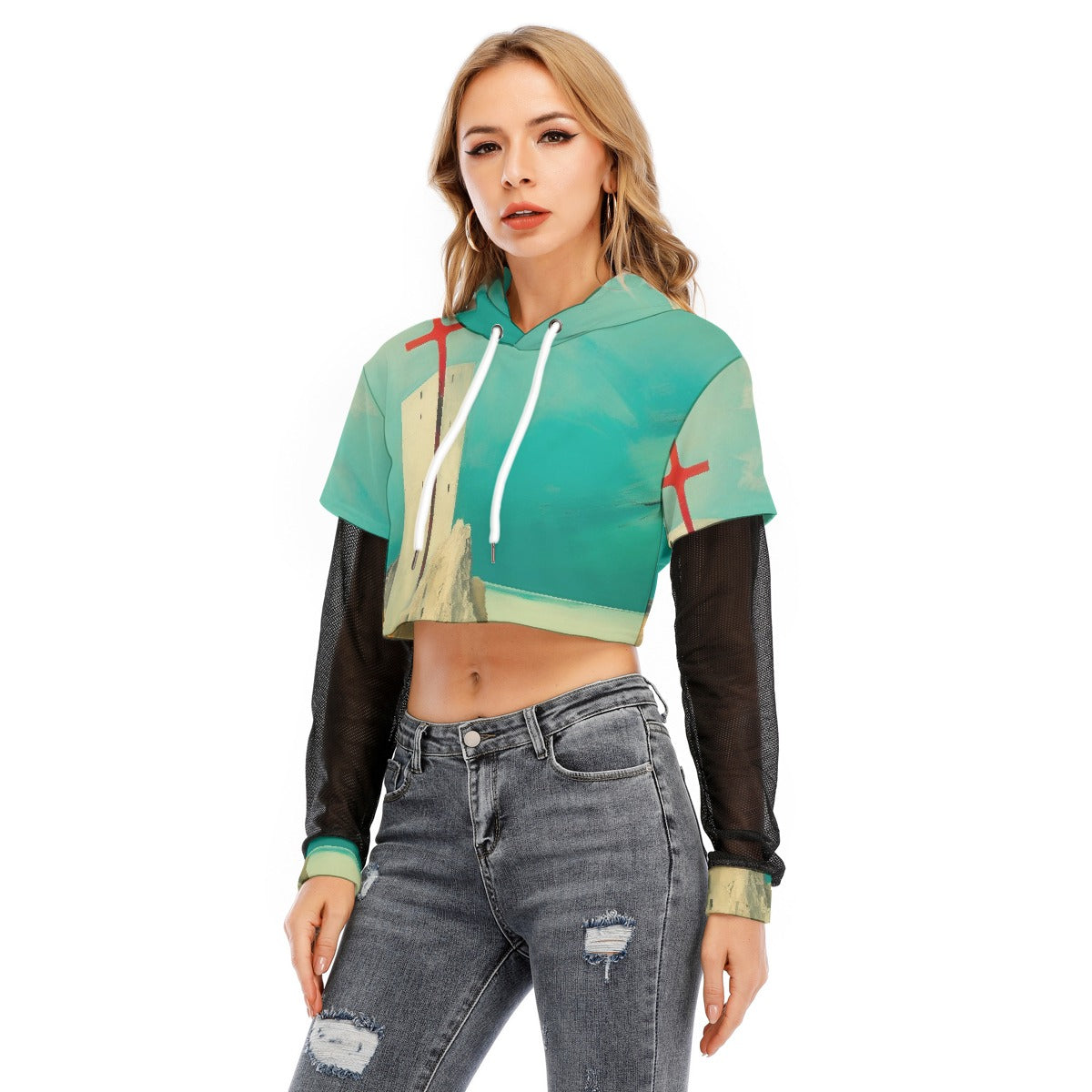 All-Over Print Women's Fake Two-piece Mesh Sleeve Cropped Hoodie
