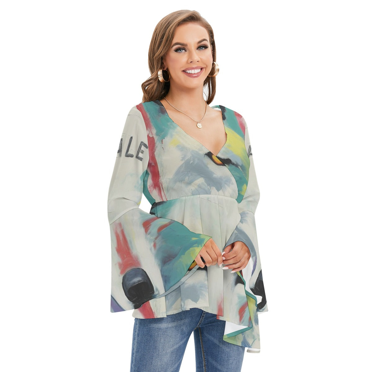All-Over Print Women's V-neck Blouse With Flared Sleeves