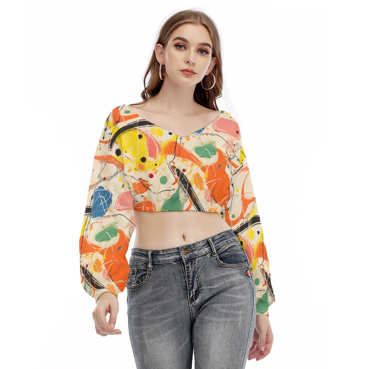 All-Over Print Women's V-neck Long Sleeve Cropped Sweatshirt