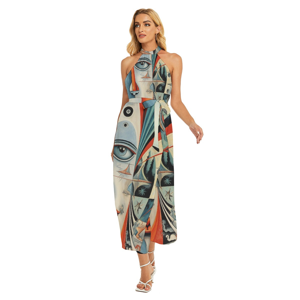 All-Over Print Women's Wrap Hem Belted Halter Dress