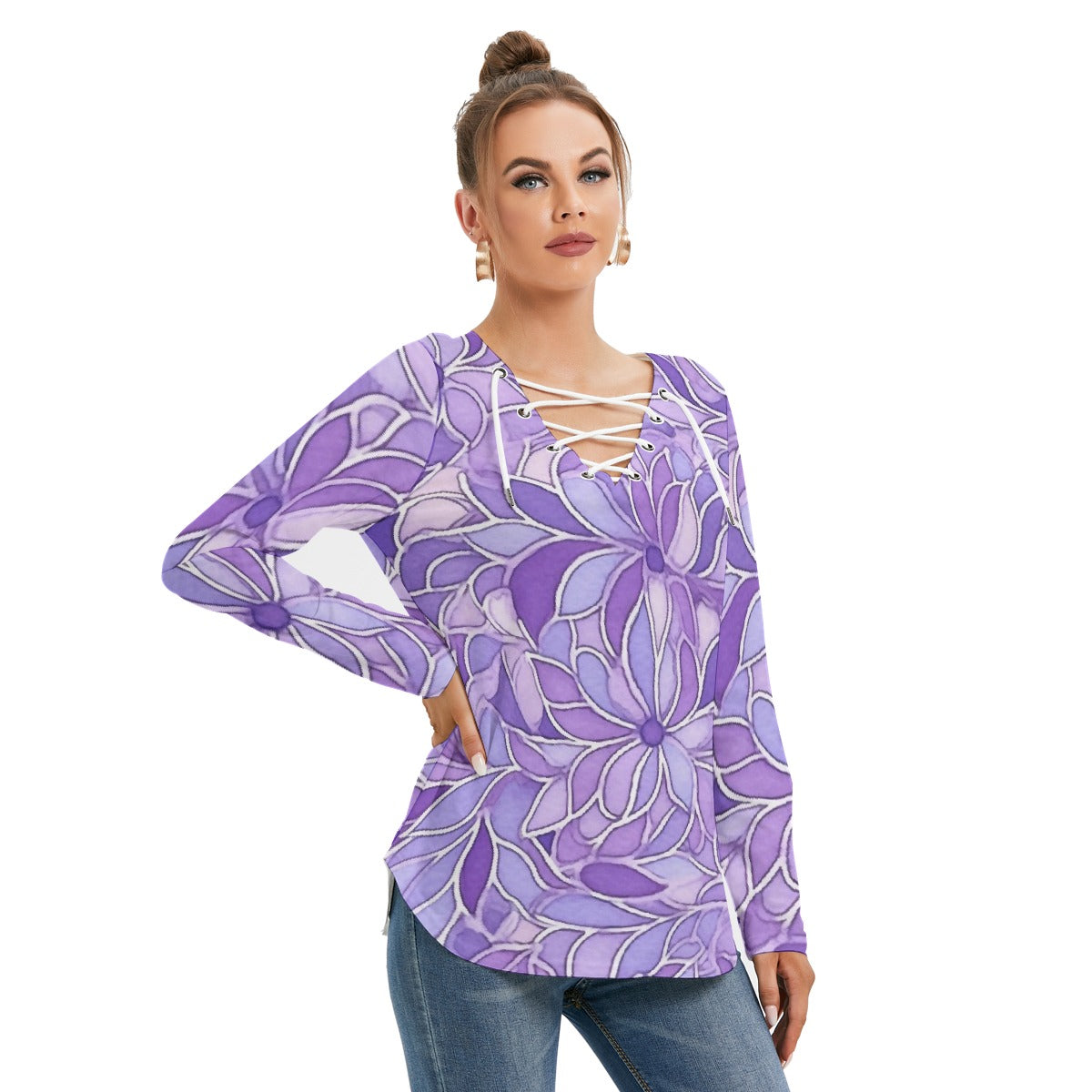 All-Over Print Women's Long Sleeve Neckline Tie Sweatshirt