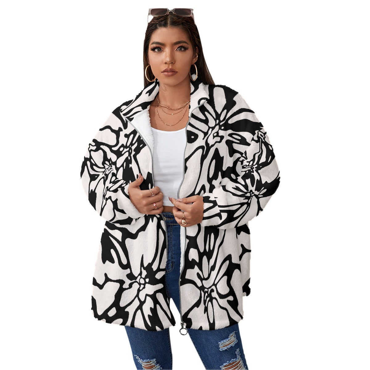 All-Over Print Unisex Borg Fleece Stand-up Collar Coat With Zipper Closure(Plus Size)