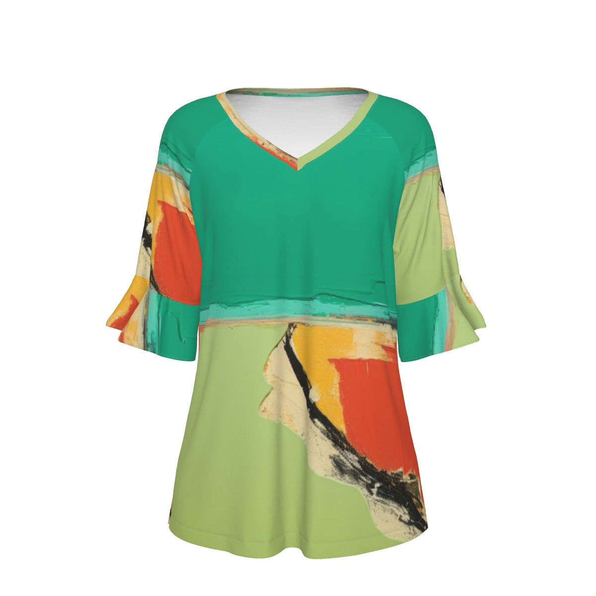 All-Over Print V-neck Women's T-shirt With Bell Sleeve