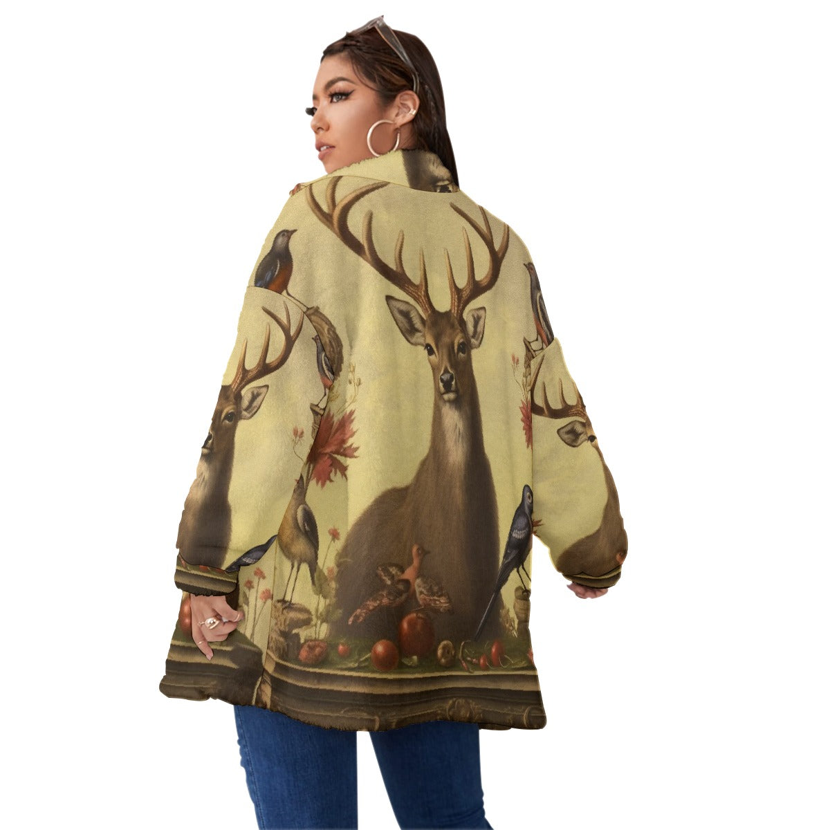 All-Over Print Unisex Borg Fleece Stand-up Collar Coat With Zipper Closure(Plus Size)