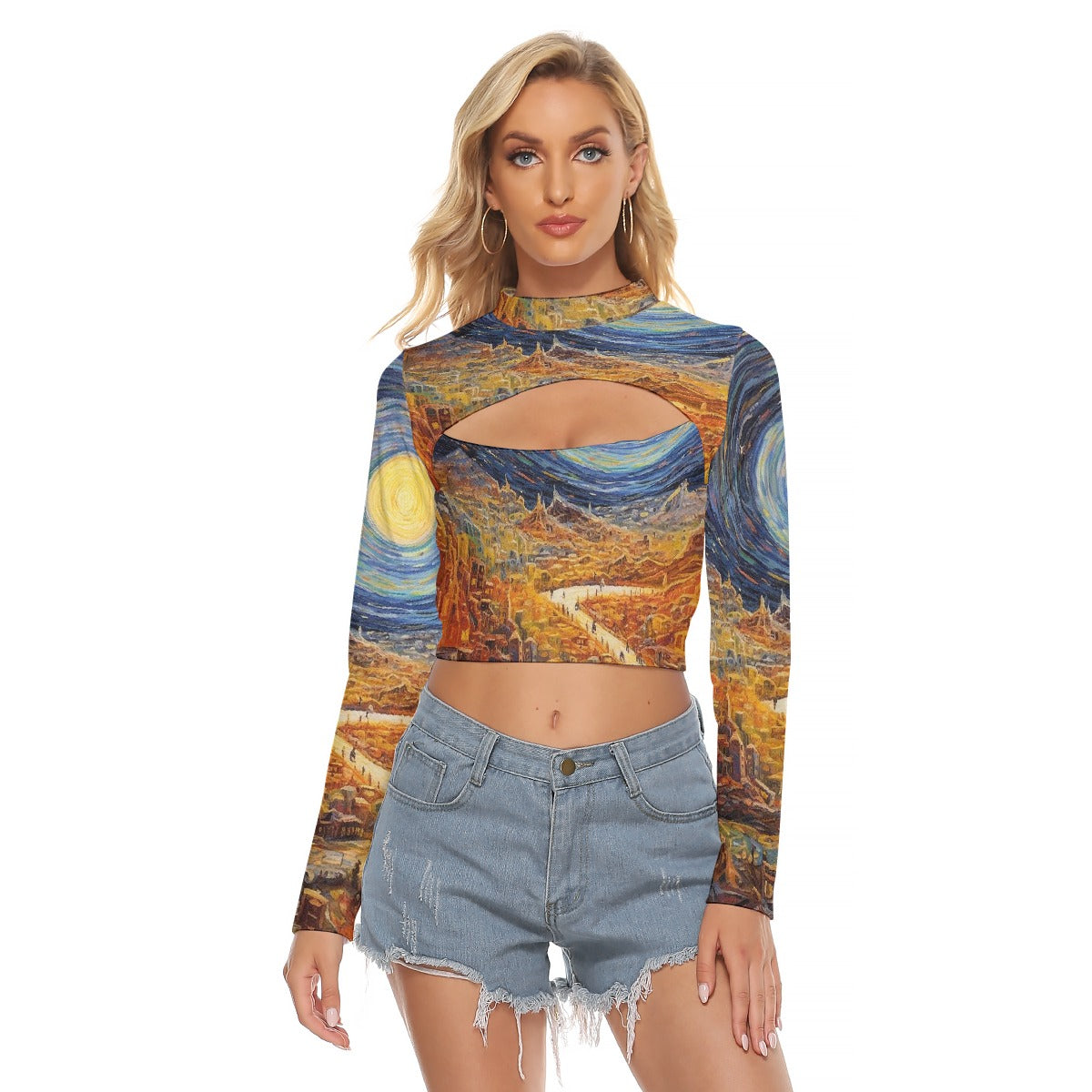 All-Over Print Women's Hollow Chest Keyhole Tight Crop Top