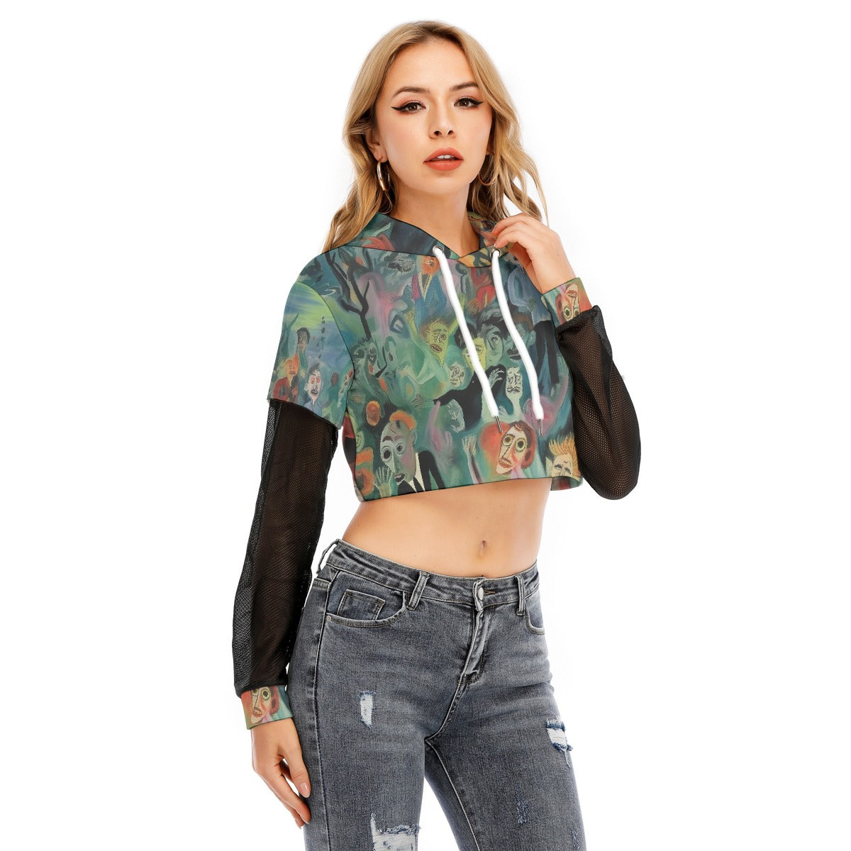 All-Over Print Women's Fake Two-piece Mesh Sleeve Cropped Hoodie
