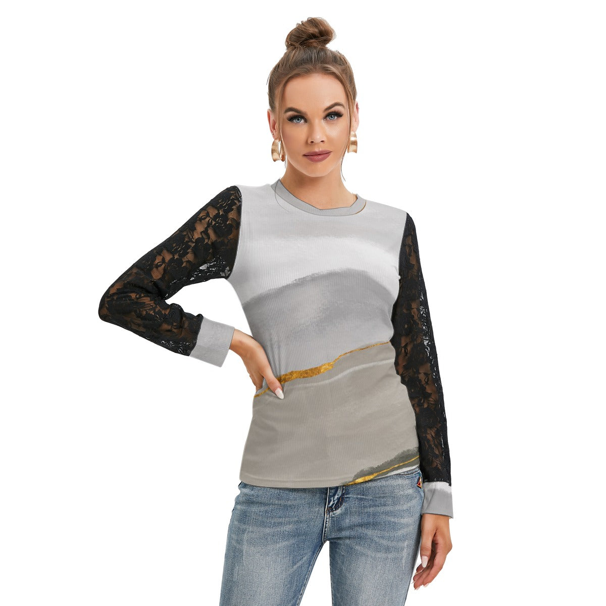 All-Over Print Women's T-shirt And Sleeve With Black Lace