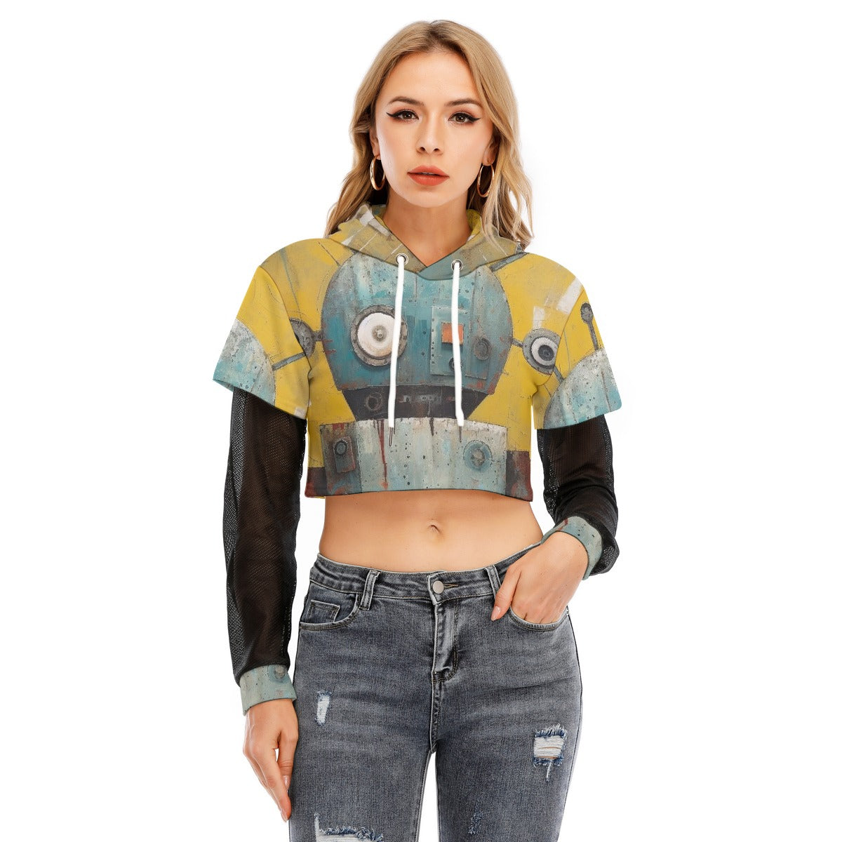 All-Over Print Women's Fake Two-piece Mesh Sleeve Cropped Hoodie