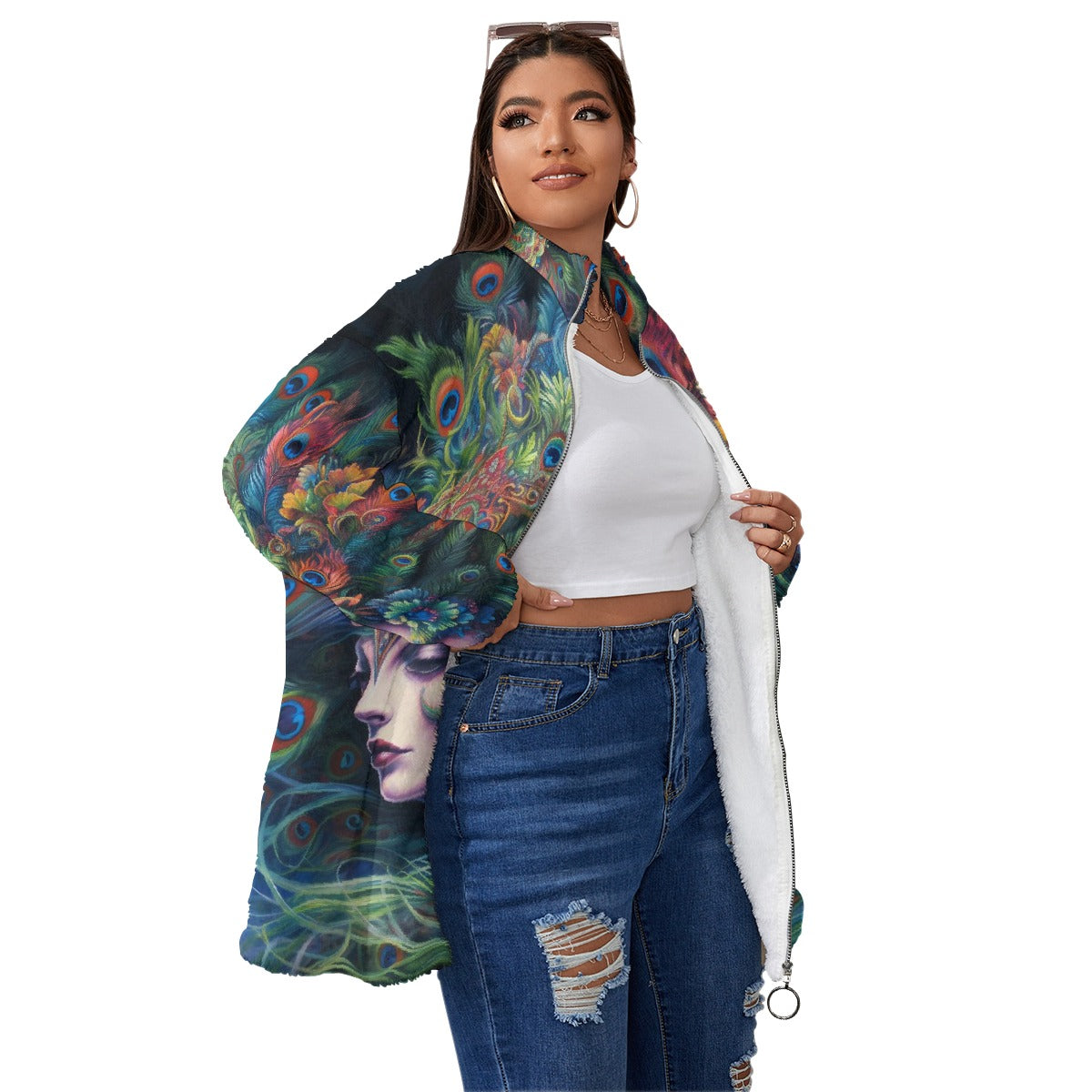 All-Over Print Unisex Borg Fleece Stand-up Collar Coat With Zipper Closure(Plus Size)