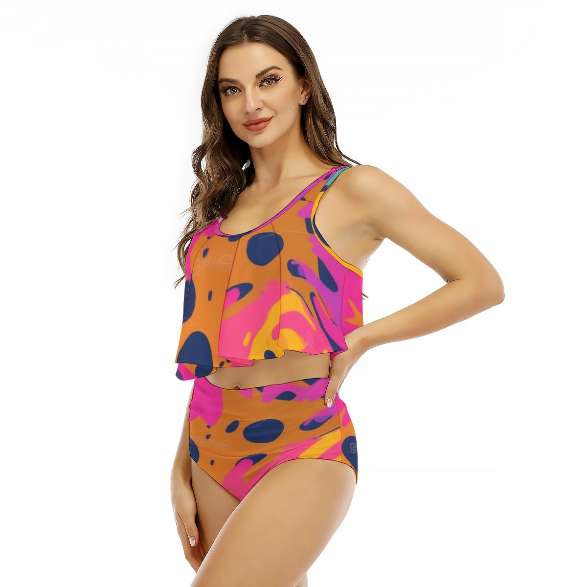 All-Over Print Women's Ruffled Vest Bikini Swimsuit