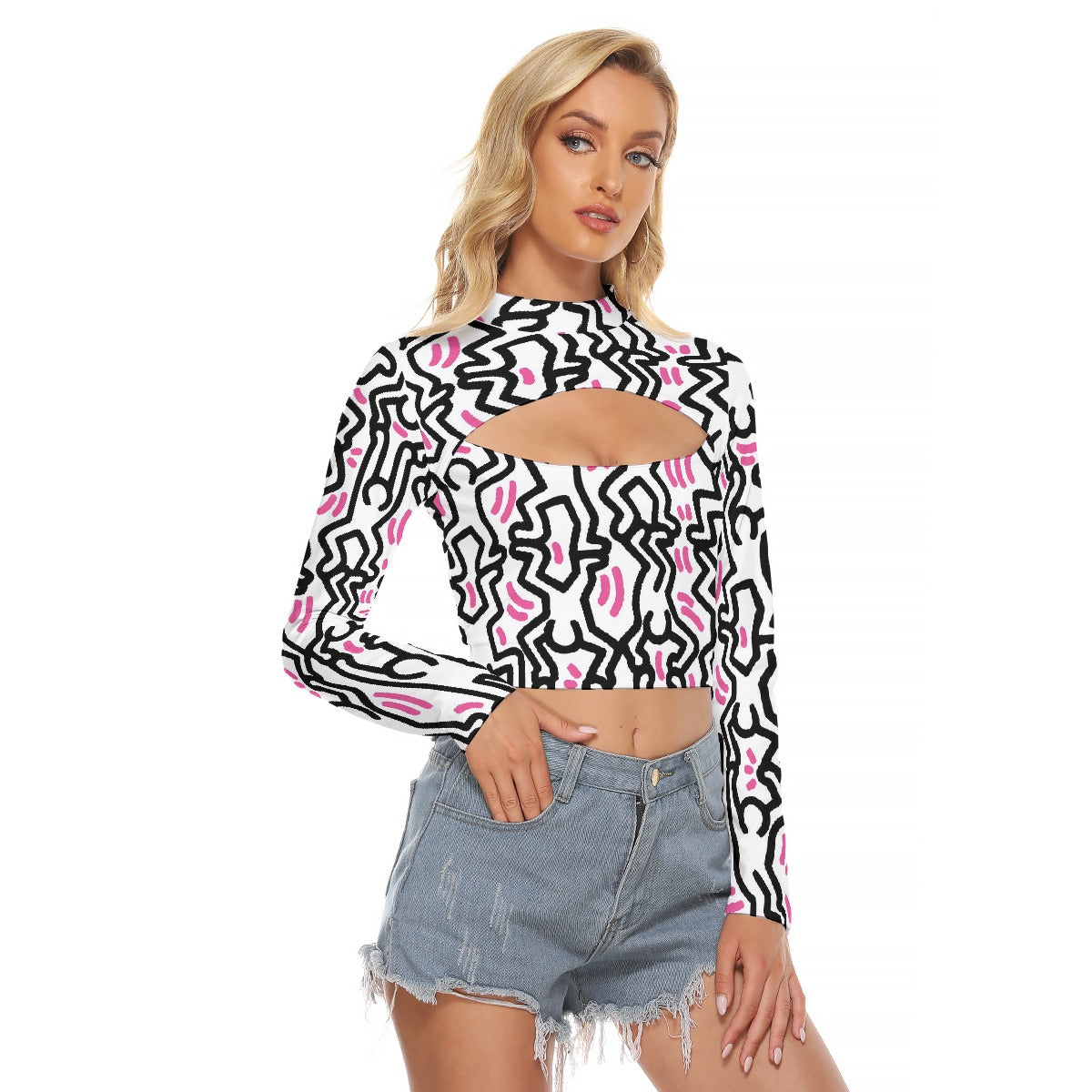 All-Over Print Women's Hollow Chest Keyhole Tight Crop Top