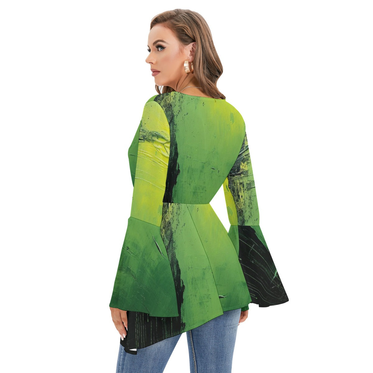 All-Over Print Women's V-neck Blouse With Flared Sleeves