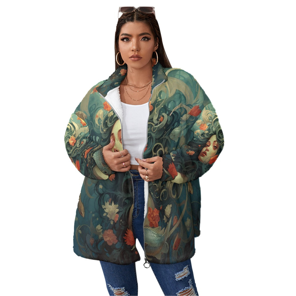 All-Over Print Unisex Borg Fleece Stand-up Collar Coat With Zipper Closure(Plus Size)