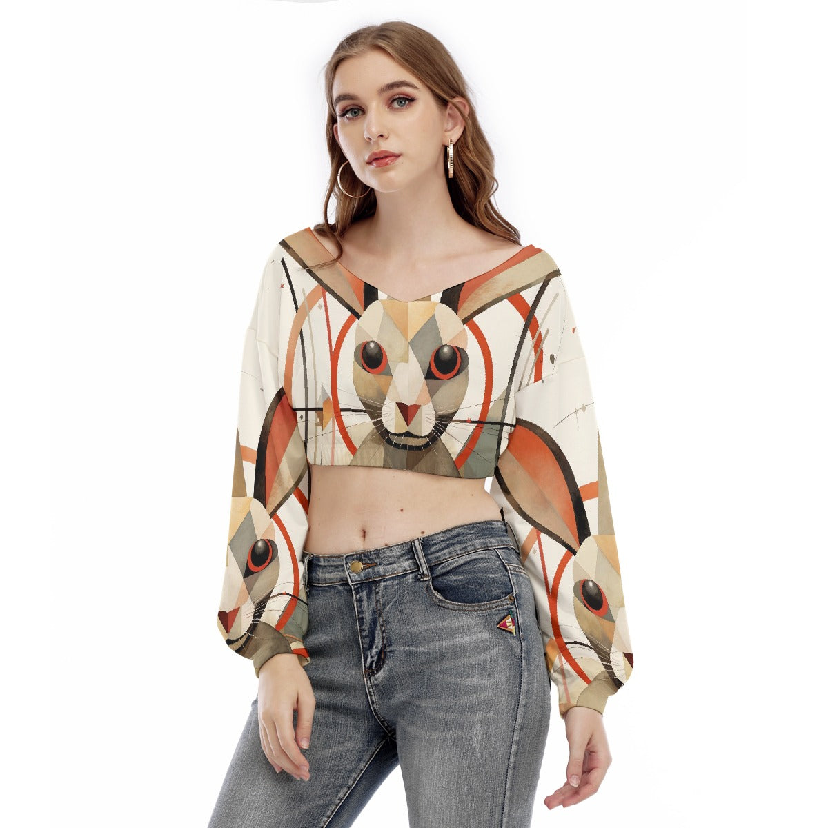 All-Over Print Women's V-neck Long Sleeve Cropped Sweatshirt