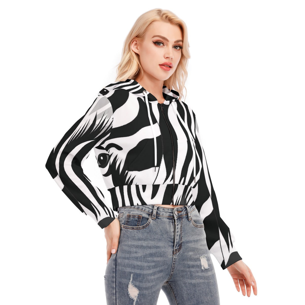 All-Over Print Women's Crop Top Hoodie With Zipper Closure