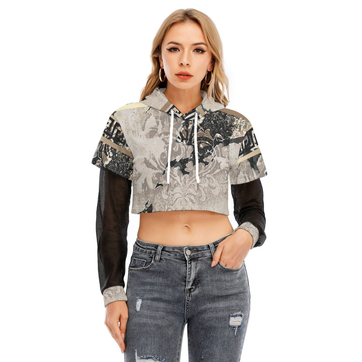 All-Over Print Women's Fake Two-piece Mesh Sleeve Cropped Hoodie