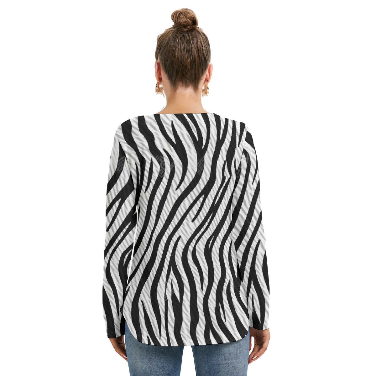 All-Over Print Women's Long Sleeve Neckline Tie Sweatshirt