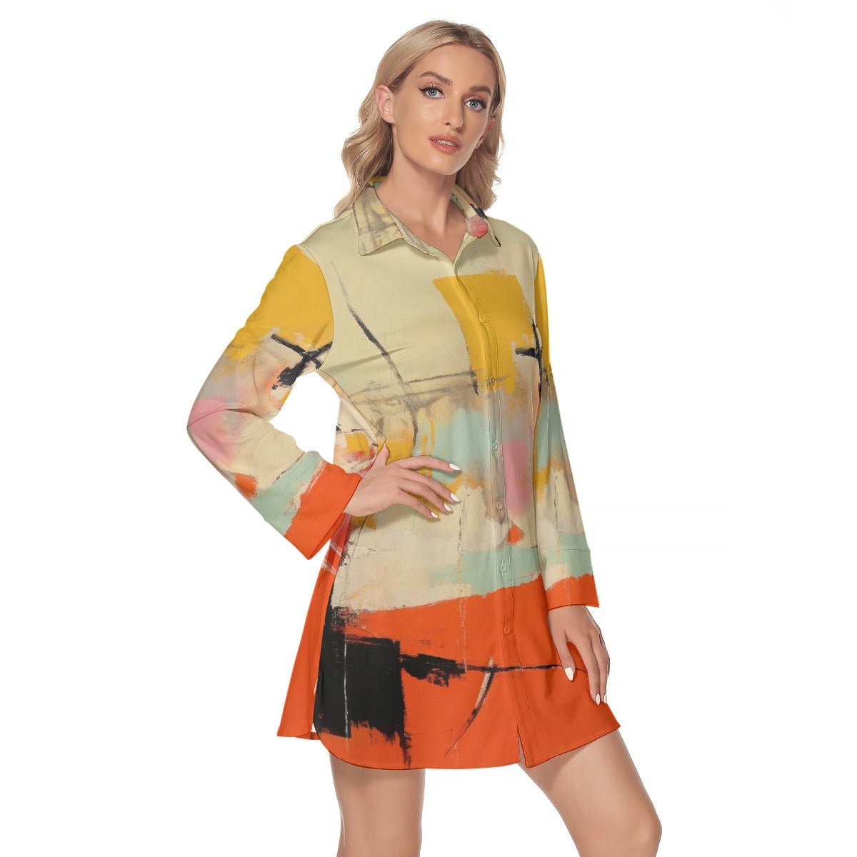 All-Over Print Women's Lapel Shirt Dress With Long Sleeve