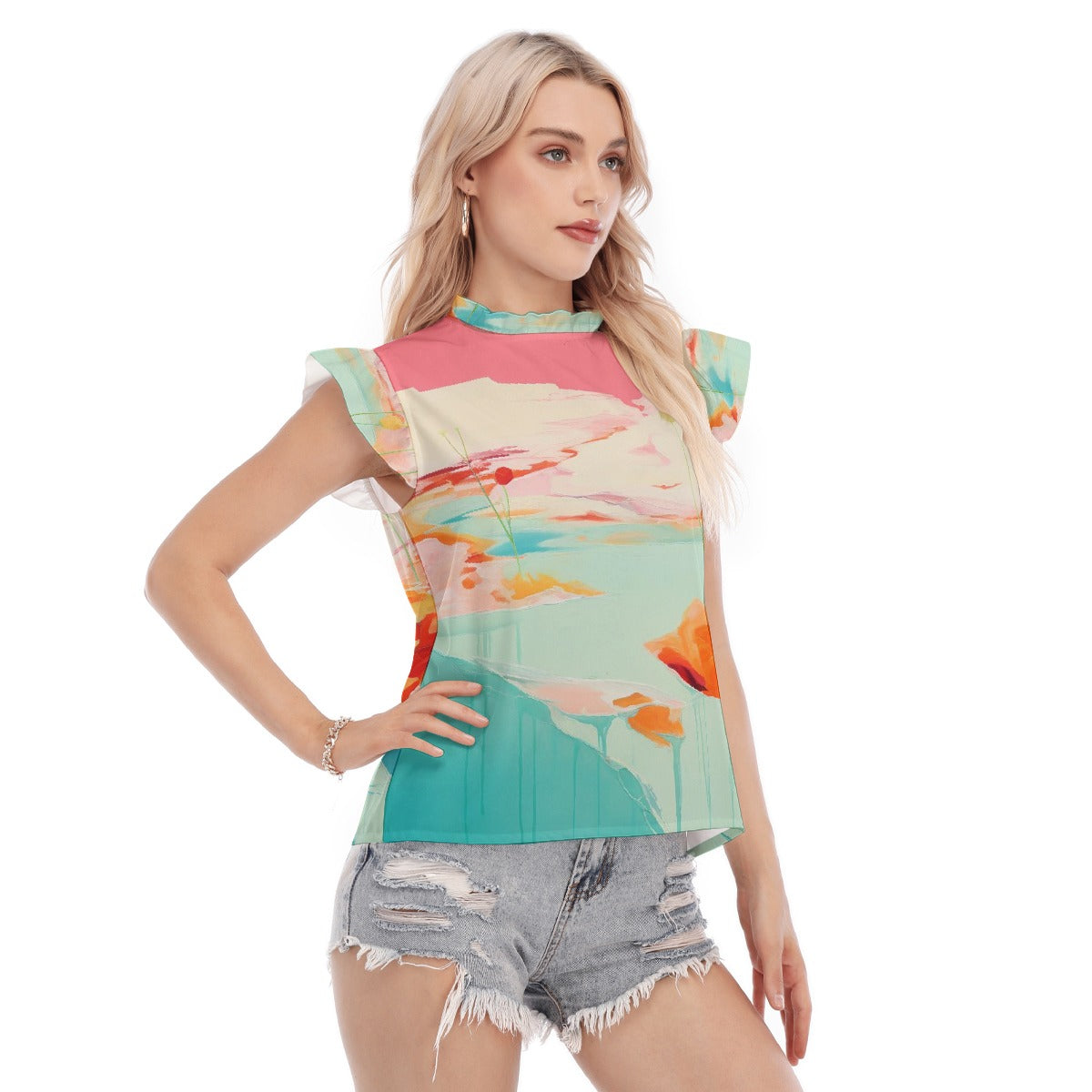 All-Over Print Women's Blouse With Ruffle Collar And Sleeve