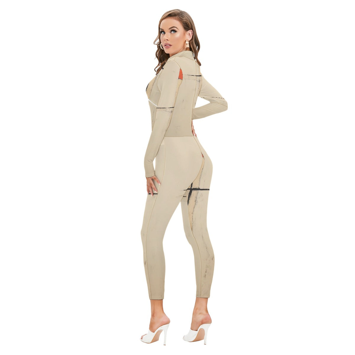 All-Over Print Women's Long-sleeved High-neck Jumpsuit With Zipper