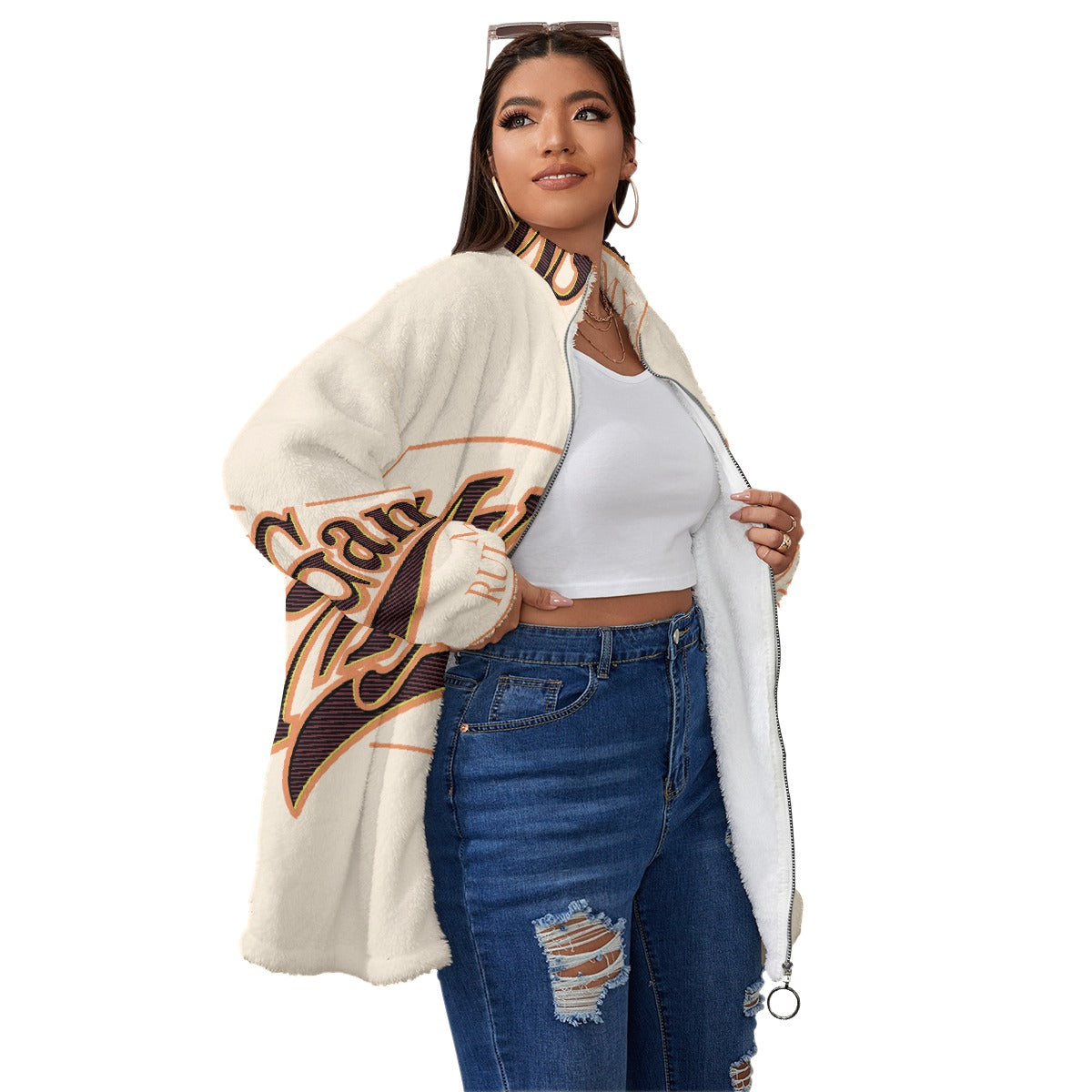 All-Over Print Unisex Borg Fleece Stand-up Collar Coat With Zipper Closure(Plus Size)