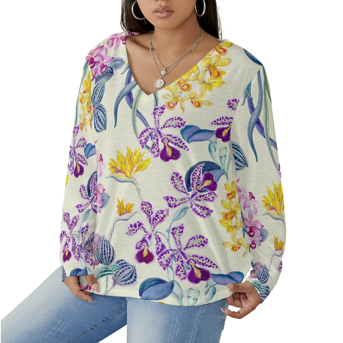 All-Over Print Women's V-neck T-shirt With Curved Hem(Plus Size)