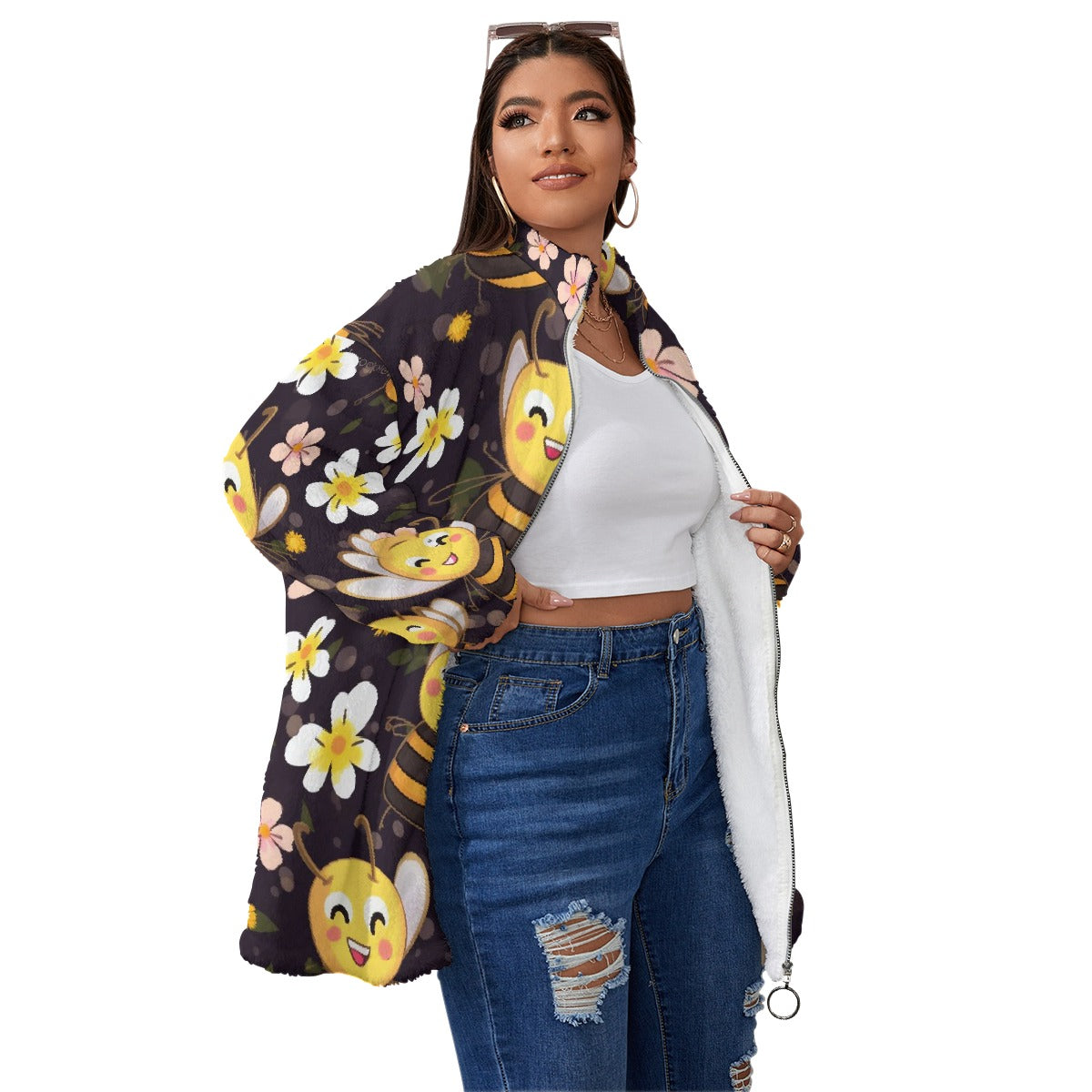 All-Over Print Unisex Borg Fleece Stand-up Collar Coat With Zipper Closure(Plus Size)