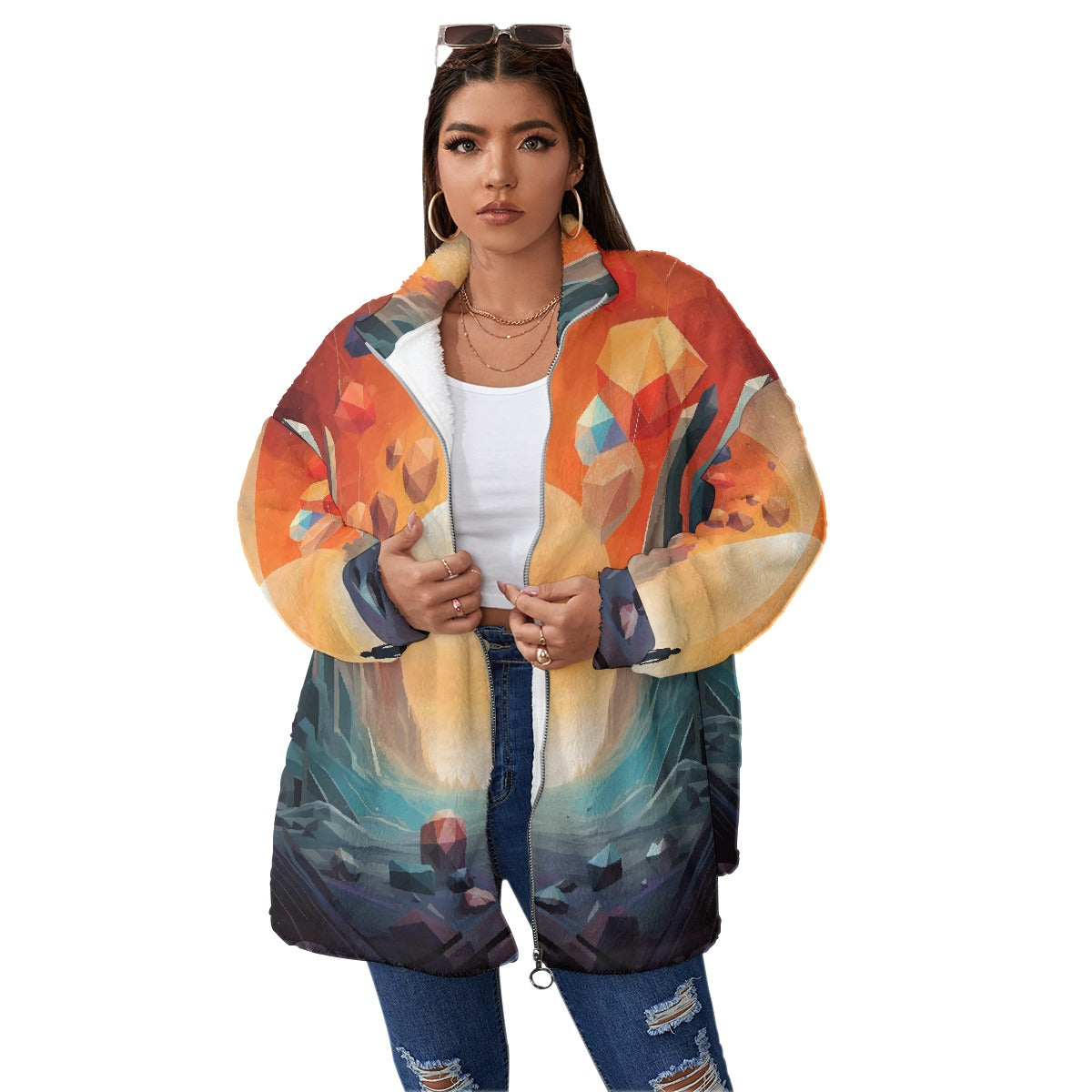 All-Over Print Unisex Borg Fleece Stand-up Collar Coat With Zipper Closure(Plus Size)