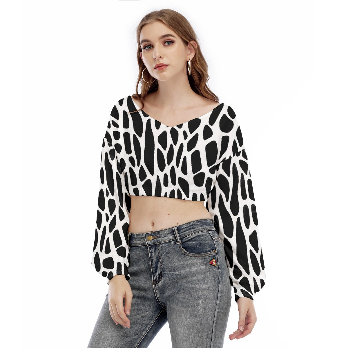 All-Over Print Women's V-neck Long Sleeve Cropped Sweatshirt