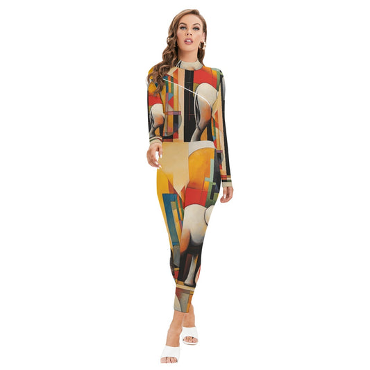 All-Over Print Women's Long-sleeved High-neck Jumpsuit With Zipper