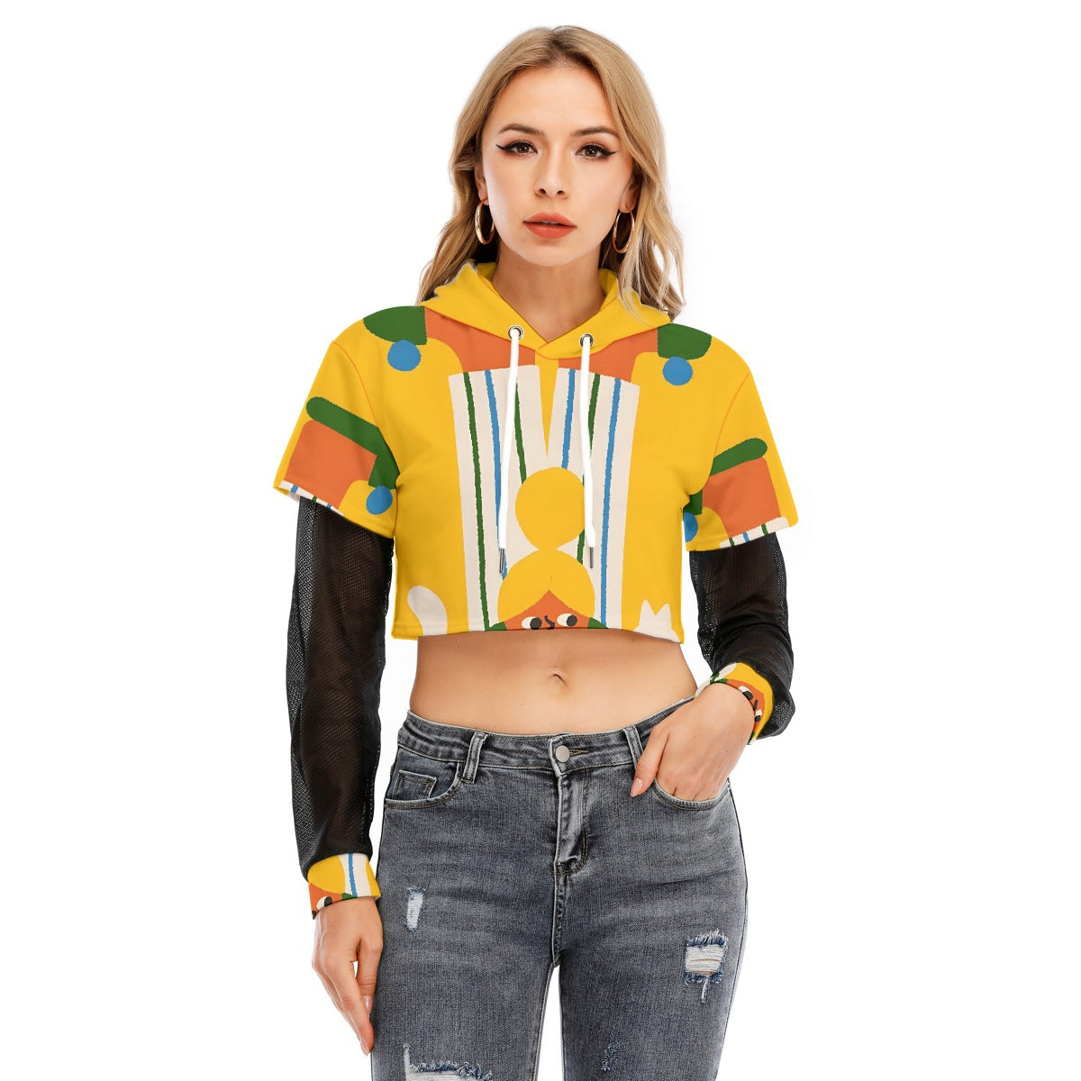All-Over Print Women's Fake Two-piece Mesh Sleeve Cropped Hoodie