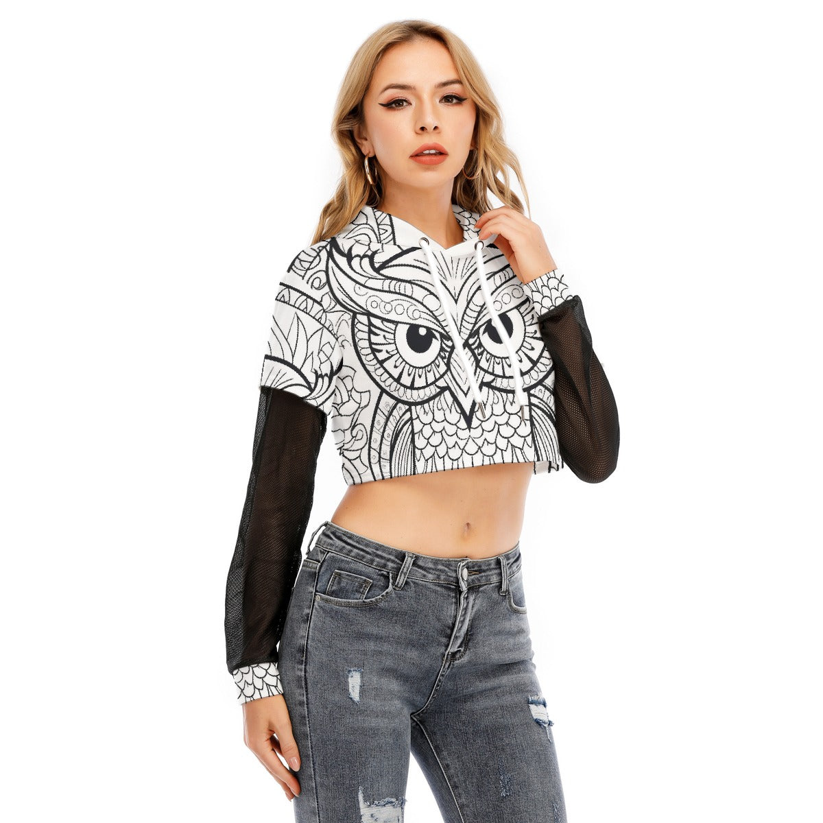 All-Over Print Women's Fake Two-piece Mesh Sleeve Cropped Hoodie