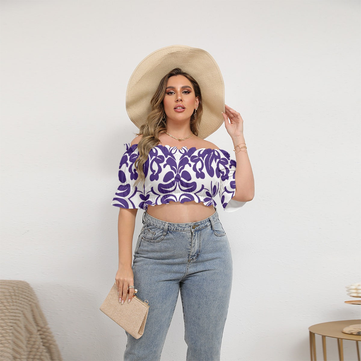 All-Over Print Women's Off-shoulder Cropped Top With Short Puff Sleeve