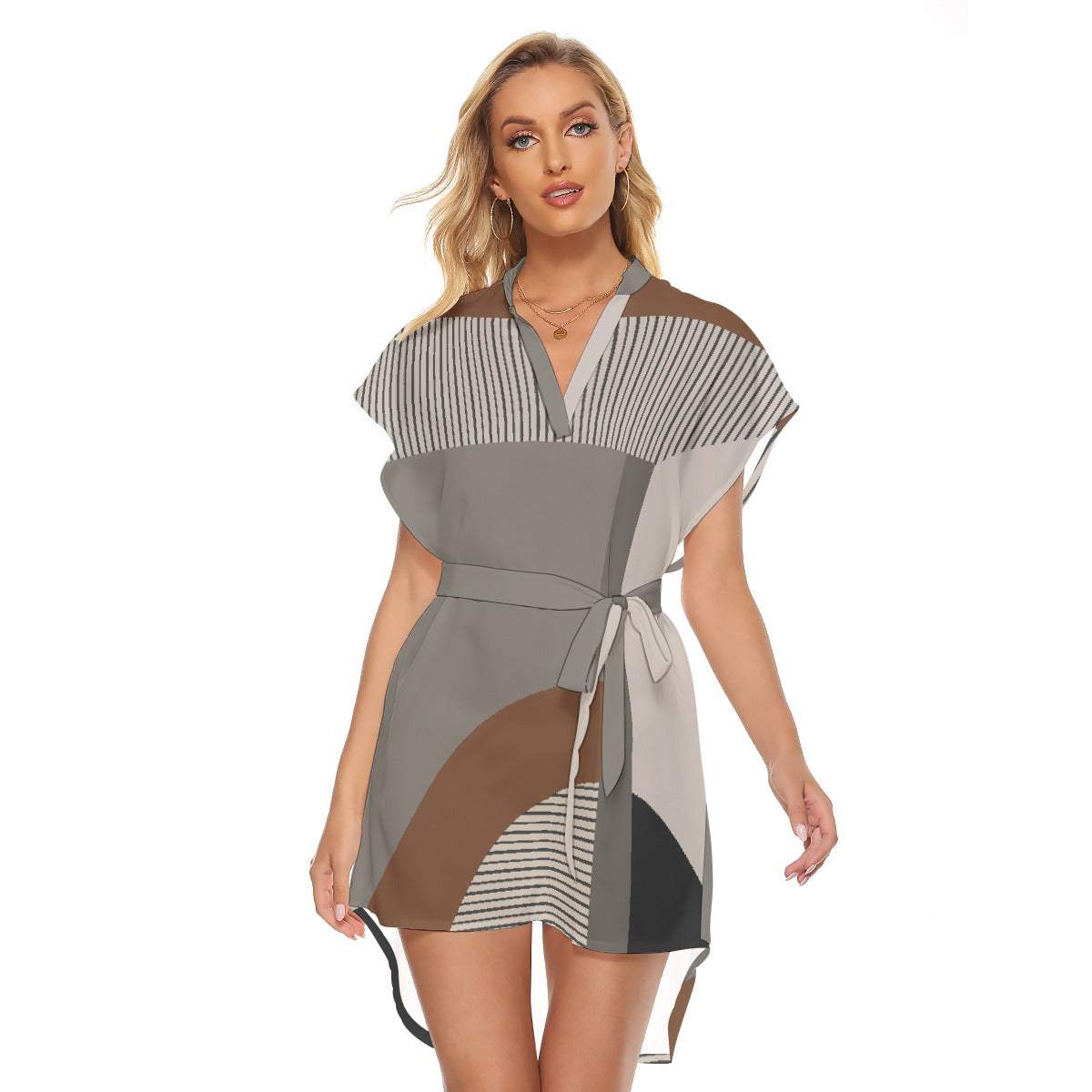 All-Over Print Women's Stand-up Collar Casual Dress With Belt