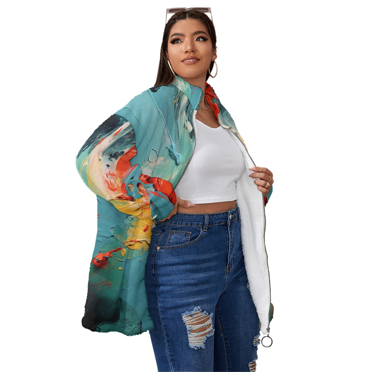 All-Over Print Unisex Borg Fleece Stand-up Collar Coat With Zipper Closure(Plus Size)