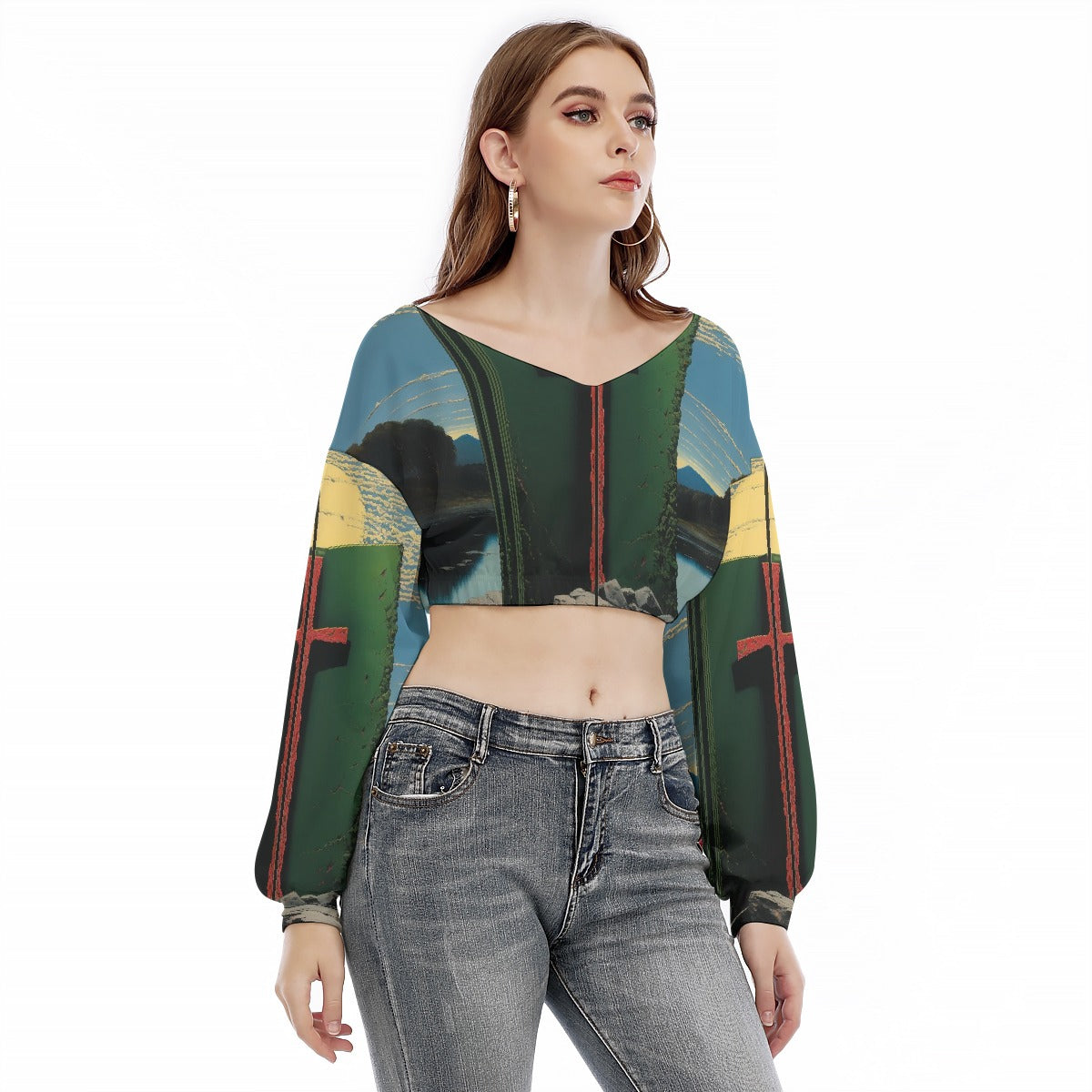 All-Over Print Women's V-neck Long Sleeve Cropped Sweatshirt