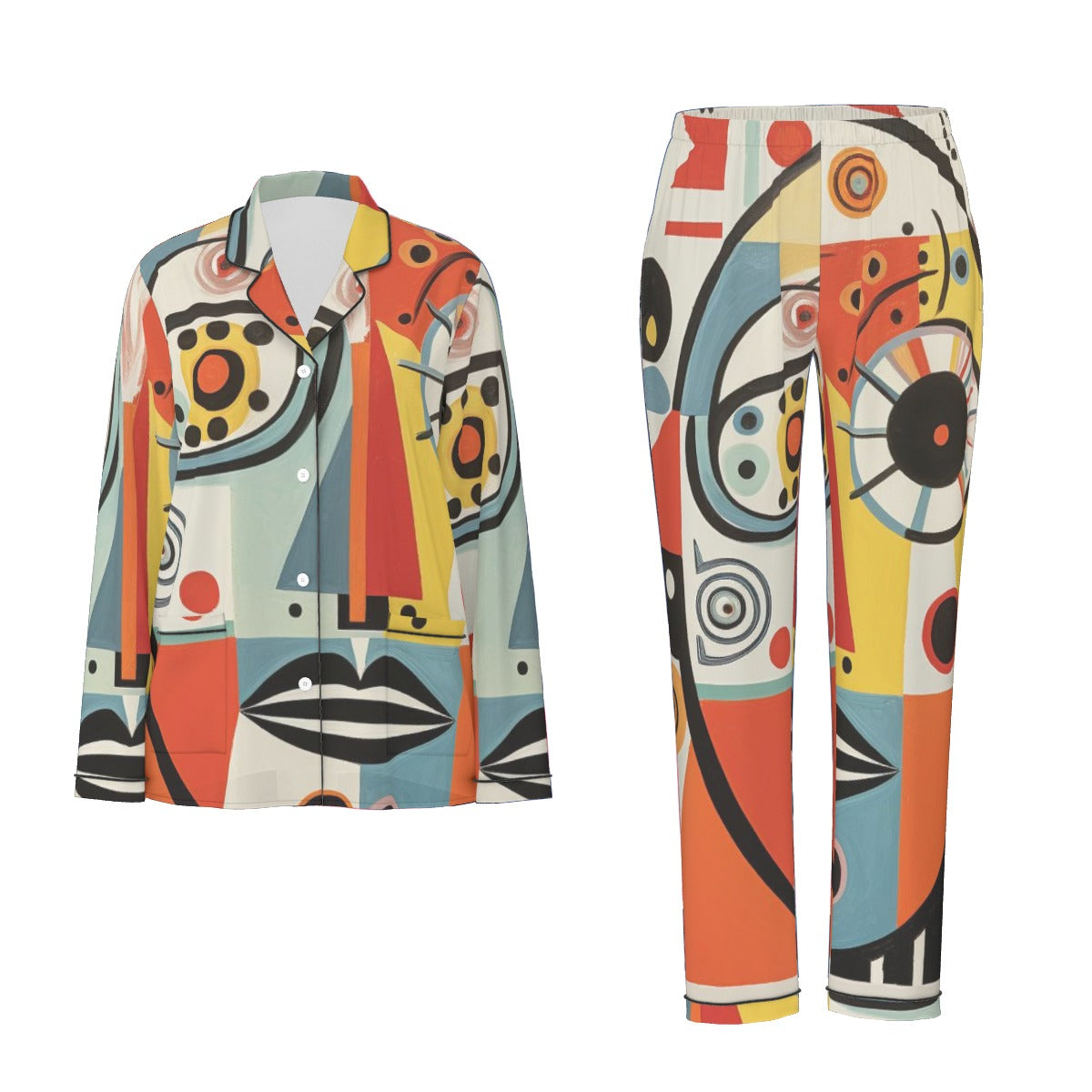 All-Over Print Women's Long Sleeve Pajama Set With Black Contrast Piping